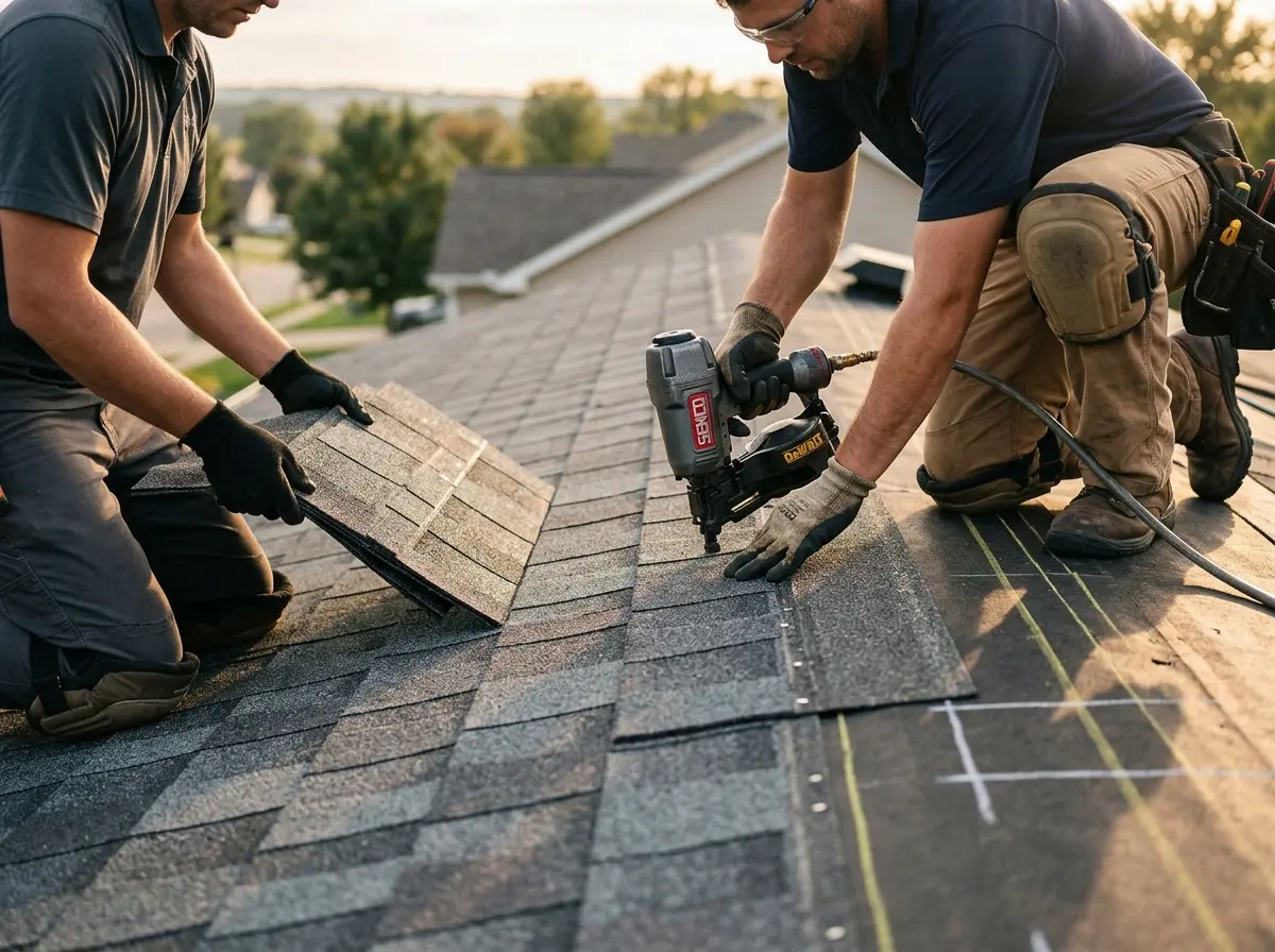 Professional roofer working on a residential roof in Lake City